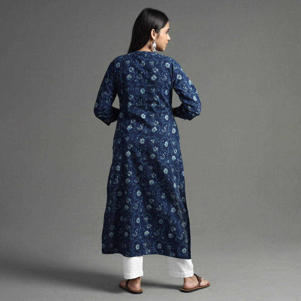 Blue - Akola Block Printed Cotton Long Straight Kurta