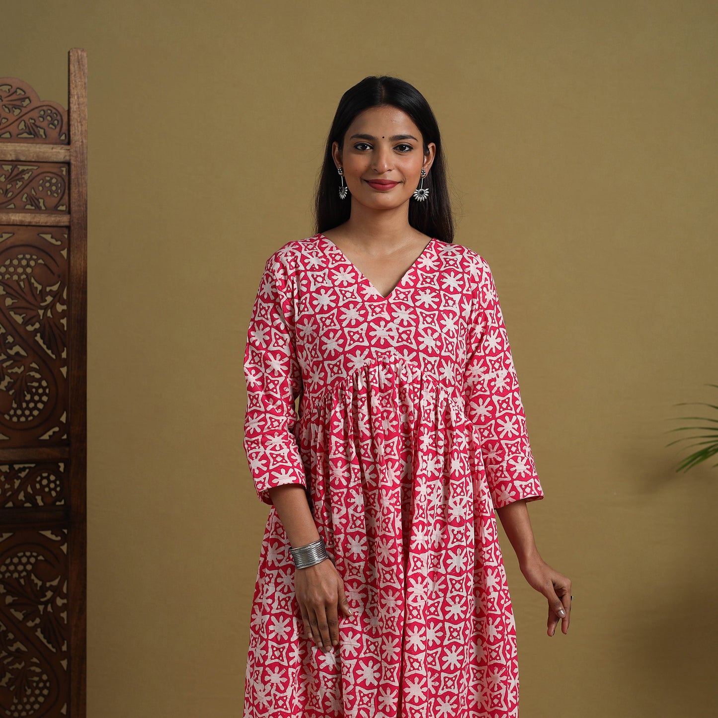 Buy Pink Flared Cotton Batik Print Dress Online 