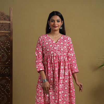 Buy Pink Flared Cotton Batik Print Dress Online 