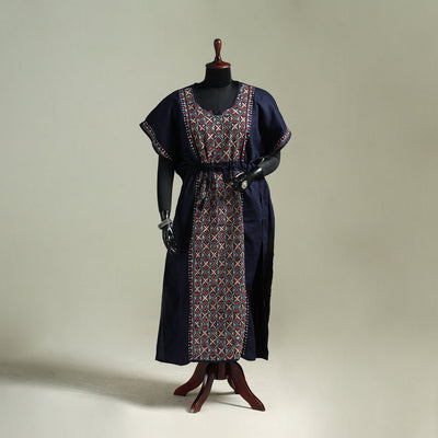 Black - Bengal Kantha Hand Embroidery Cotton Long Kaftan 42