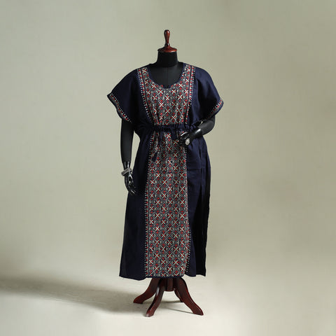 Black - Bengal Kantha Hand Embroidery Cotton Long Kaftan 42
