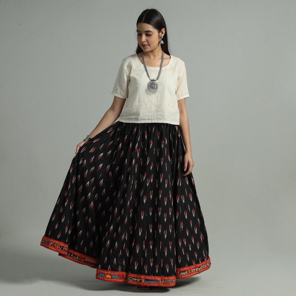 Black - Pochampally Ikat 24 Kali Cotton Skirt with Rajasthani Embroidery Border 43