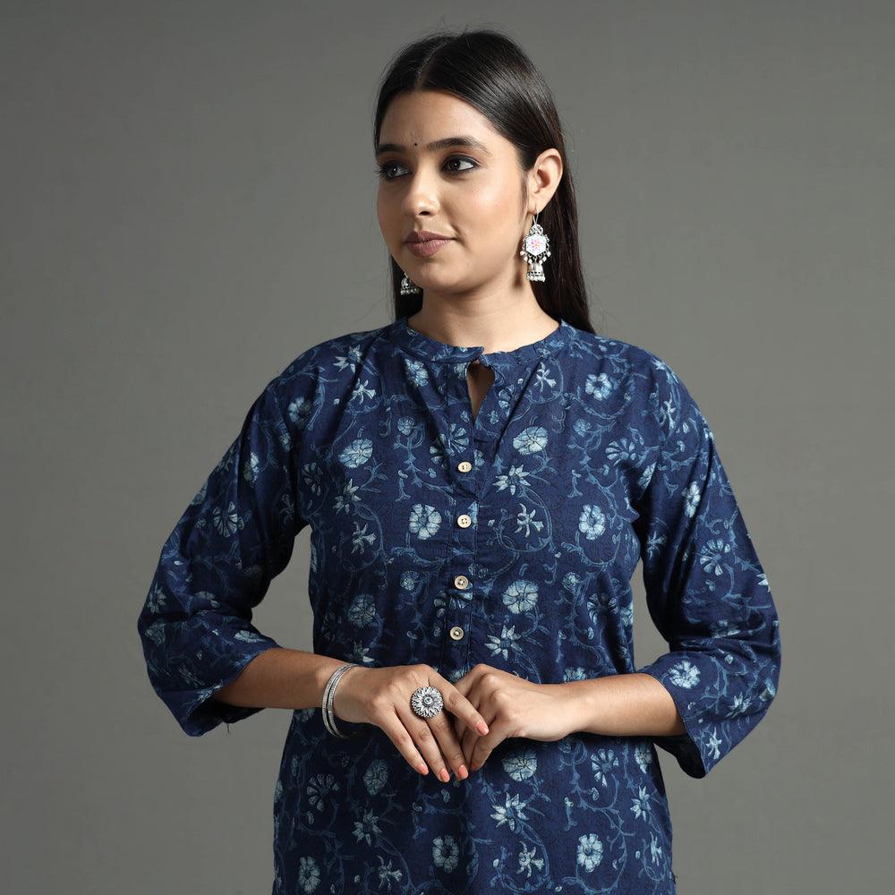 Blue - Akola Block Printed Cotton Long Straight Kurta