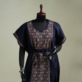 Black - Bengal Kantha Hand Embroidery Cotton Long Kaftan 42
