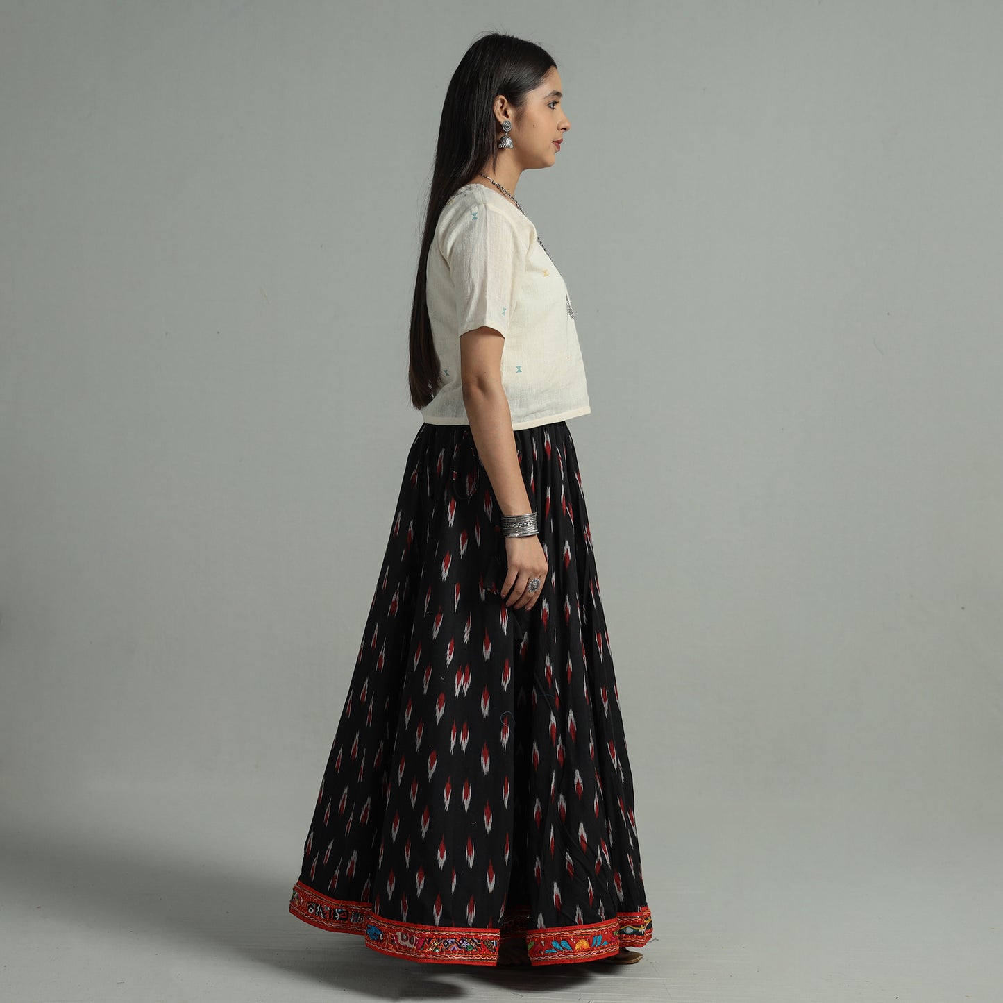 Black - Pochampally Ikat 24 Kali Cotton Skirt with Rajasthani Embroidery Border 43