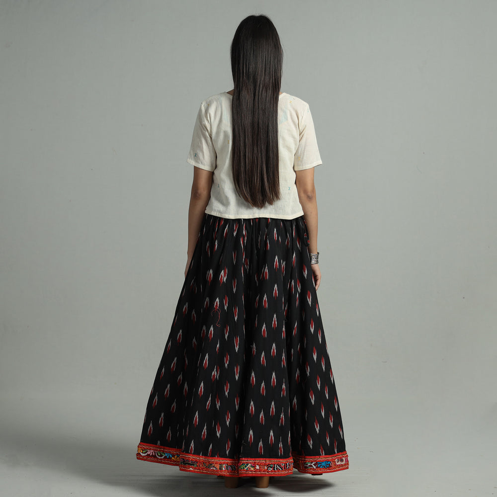 Black - Pochampally Ikat 24 Kali Cotton Skirt with Rajasthani Embroidery Border 43