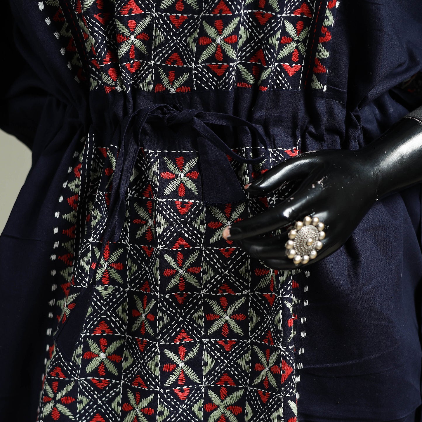 Black - Bengal Kantha Hand Embroidery Cotton Long Kaftan 42