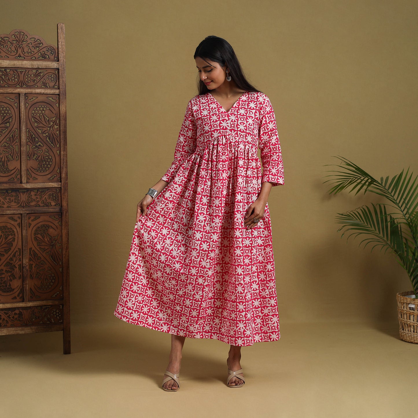 Buy Pink Flared Cotton Batik Print Dress Online 