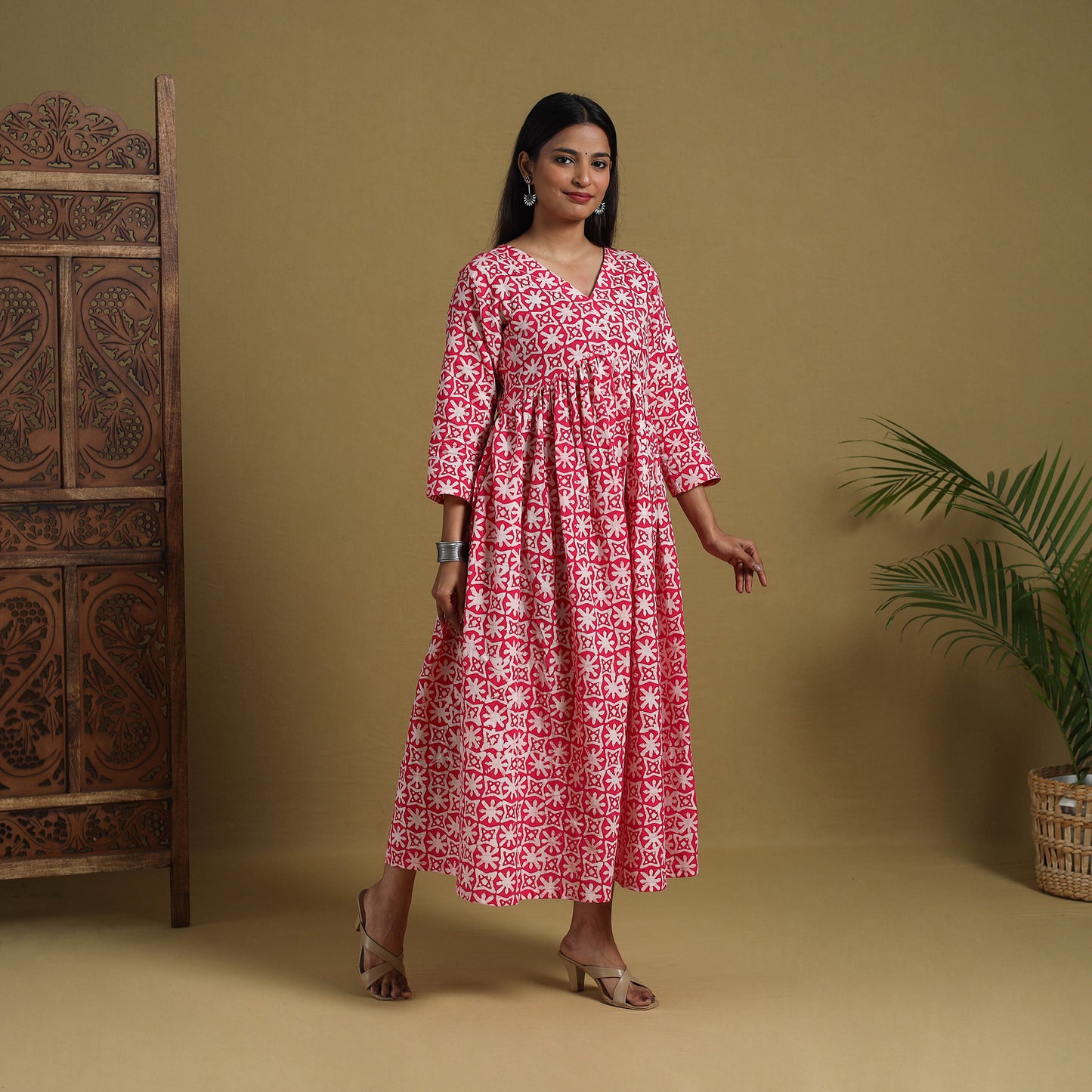 Buy Pink Flared Cotton Batik Print Dress Online 