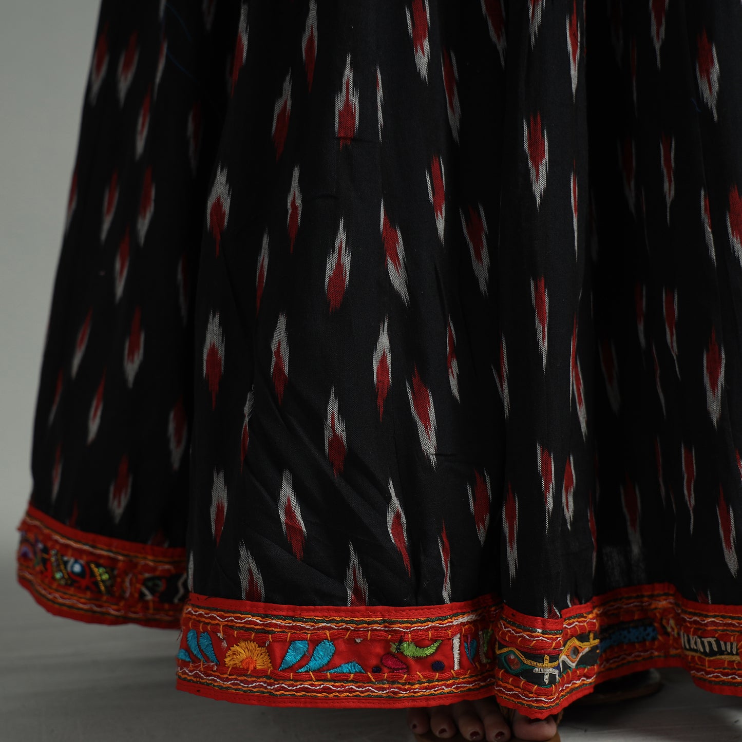 Black - Pochampally Ikat 24 Kali Cotton Skirt with Rajasthani Embroidery Border 43