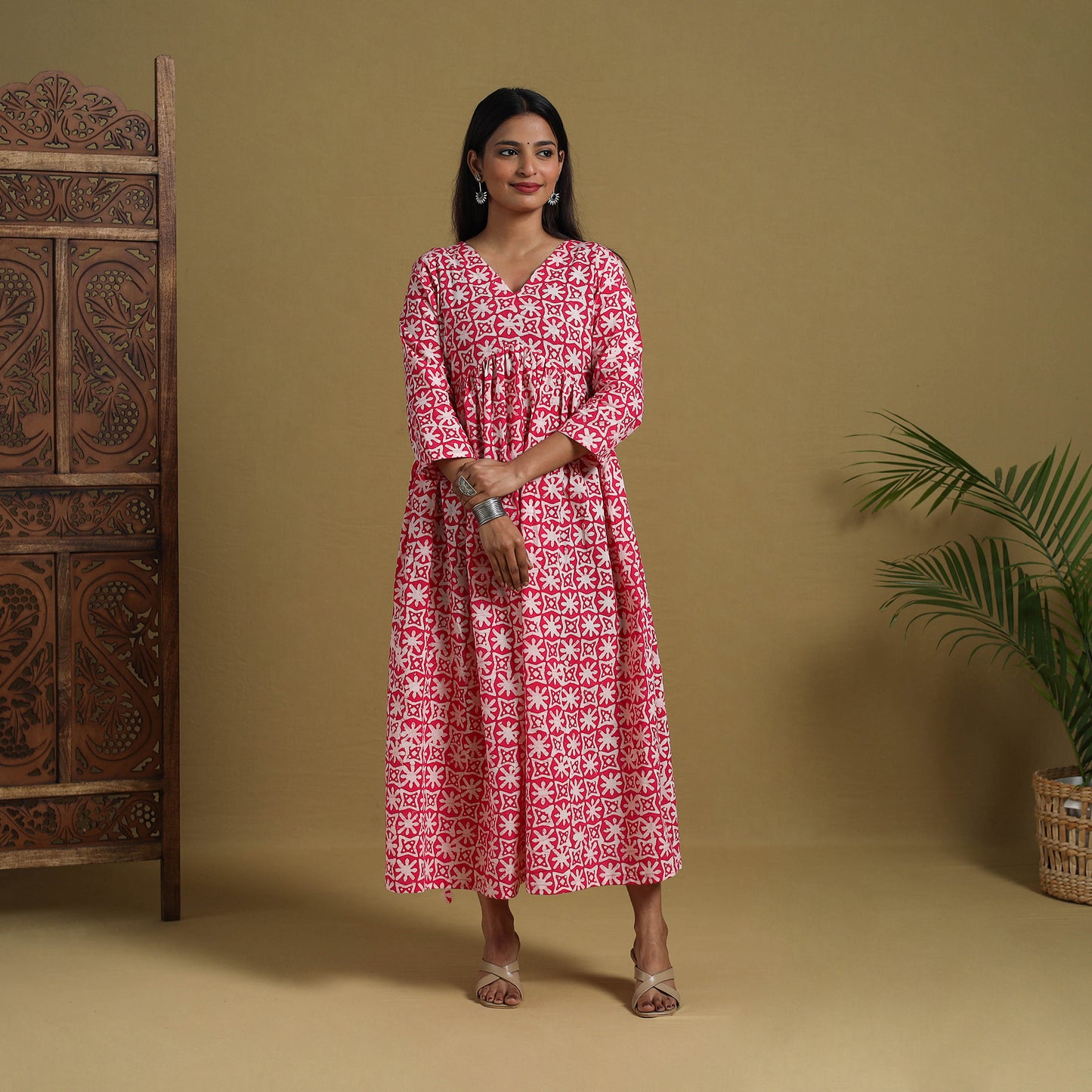 Buy Pink Flared Cotton Batik Print Dress Online 