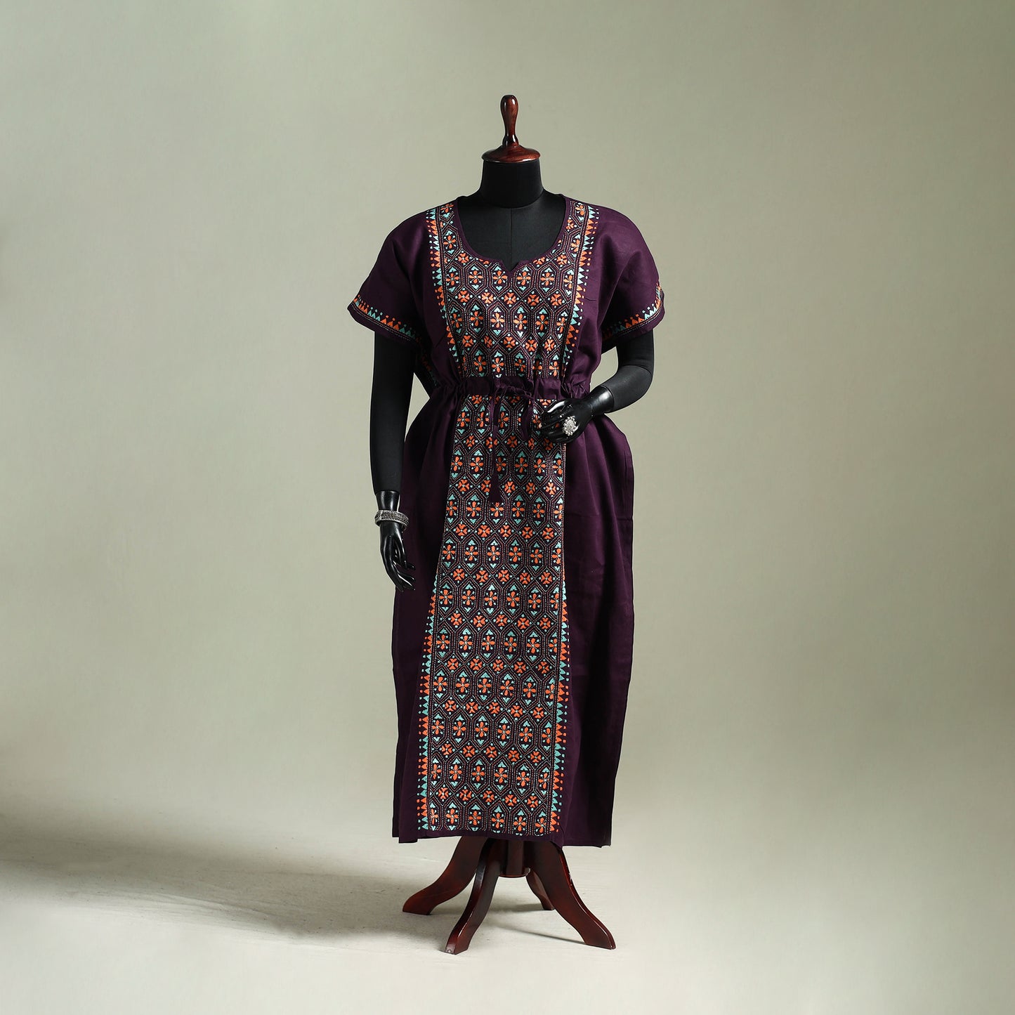 Purple - Bengal Kantha Hand Embroidery Cotton Long Kaftan 43