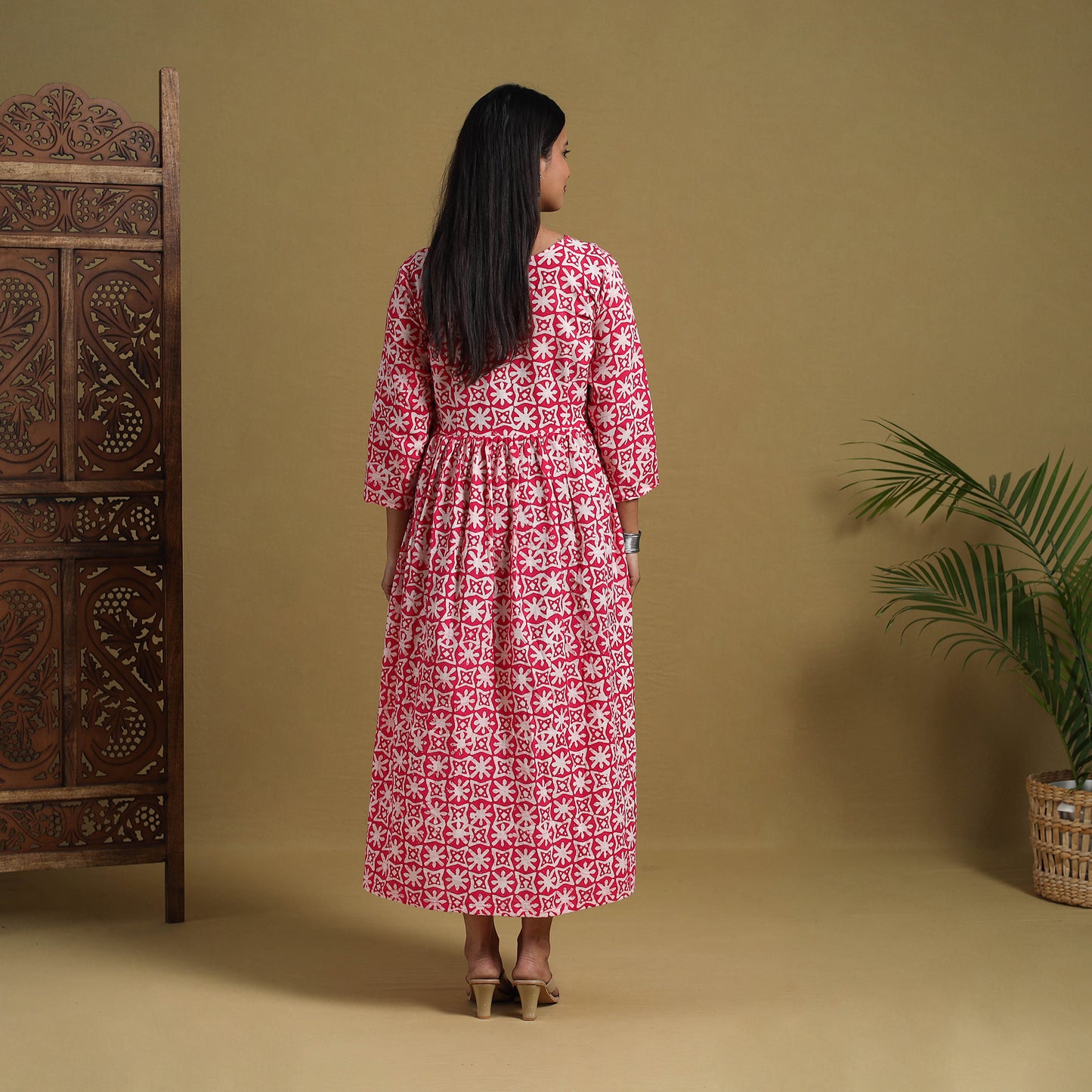 Buy Pink Flared Cotton Batik Print Dress Online 