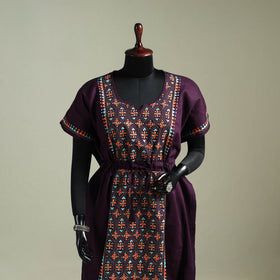 Purple - Bengal Kantha Hand Embroidery Cotton Long Kaftan 43