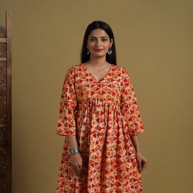 Buy Red Flared Cotton Batik Print Dress Online 