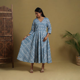 Buy Blue Flared Cotton Batik Print Dress Online 