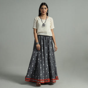 Grey - Pochampally Ikat 24 Kali Cotton Skirt with Rajasthani Embroidery Border 46