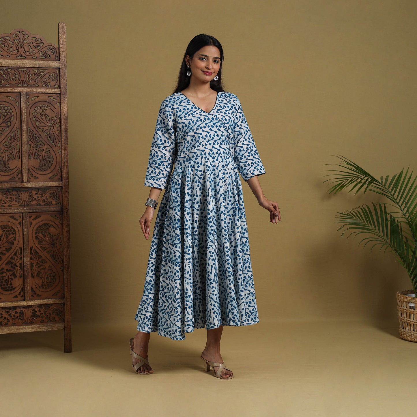 Buy Blue Flared Cotton Batik Print Dress Online 