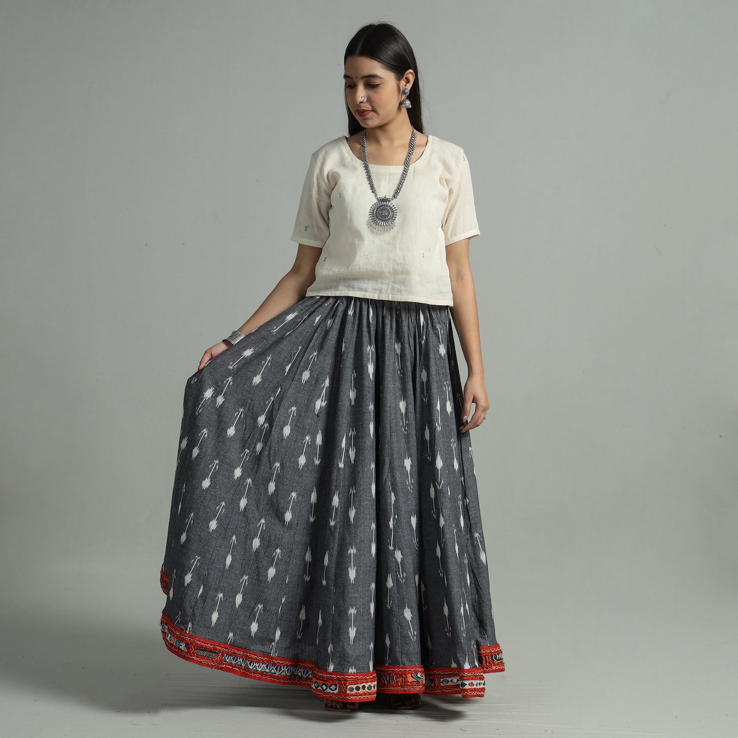 Grey - Pochampally Ikat 24 Kali Cotton Skirt with Rajasthani Embroidery Border 46