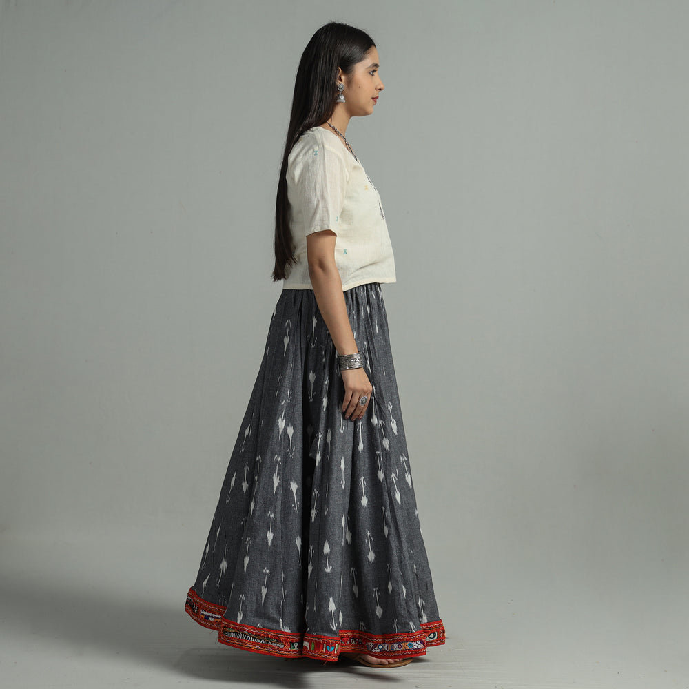 Grey - Pochampally Ikat 24 Kali Cotton Skirt with Rajasthani Embroidery Border 46