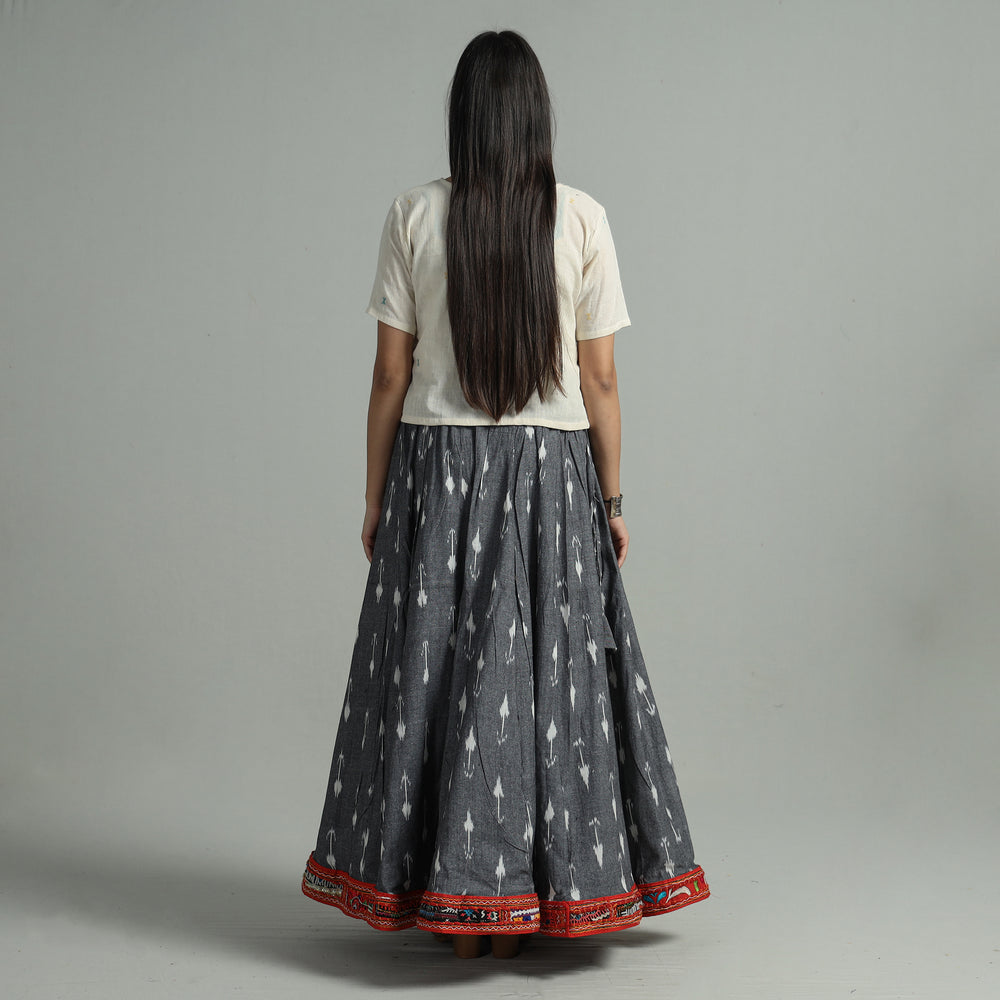 Grey - Pochampally Ikat 24 Kali Cotton Skirt with Rajasthani Embroidery Border 46