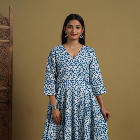 Buy Blue Flared Cotton Batik Print Dress Online 
