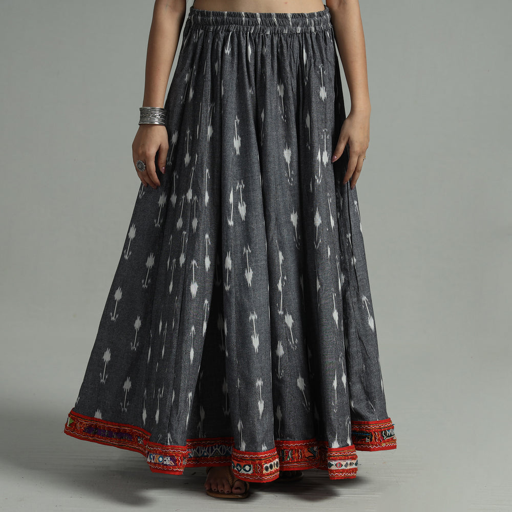 Grey - Pochampally Ikat 24 Kali Cotton Skirt with Rajasthani Embroidery Border 46