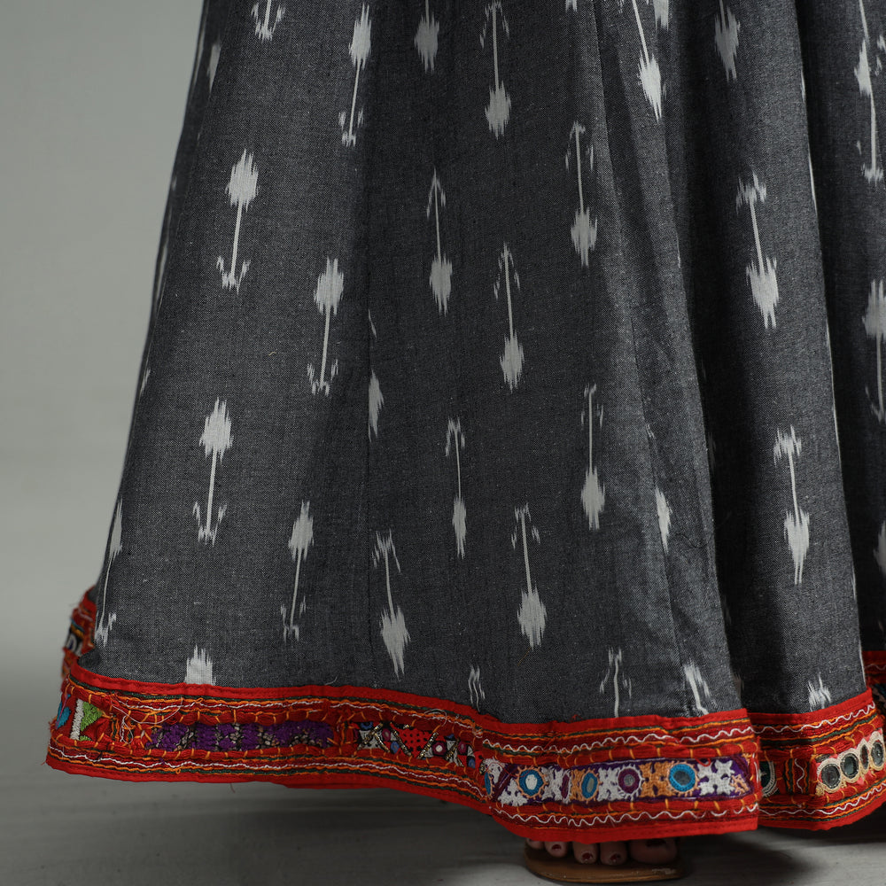 Grey - Pochampally Ikat 24 Kali Cotton Skirt with Rajasthani Embroidery Border 46