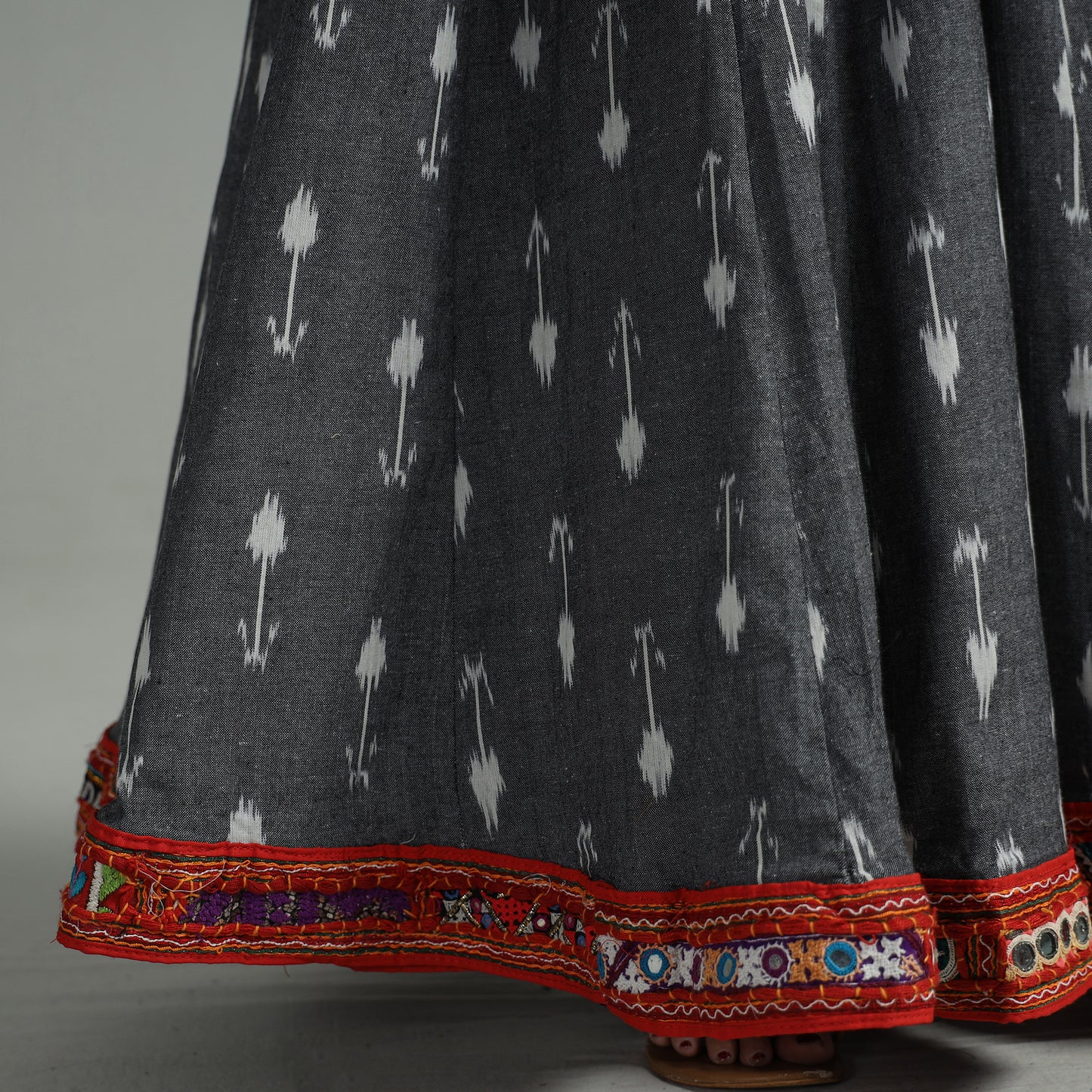 Grey - Pochampally Ikat 24 Kali Cotton Skirt with Rajasthani Embroidery Border 46