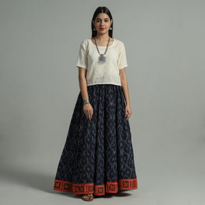 Blue - Pochampally Ikat 24 Kali Cotton Skirt with Rajasthani Embroidery Border 44