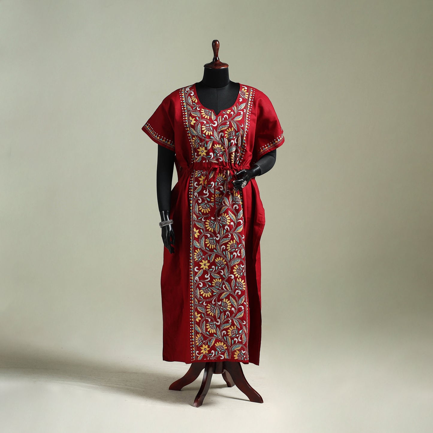 Red - Bengal Kantha Hand Embroidery Cotton Long Kaftan 45