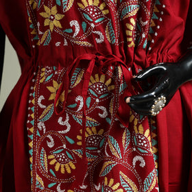 Red - Bengal Kantha Hand Embroidery Cotton Long Kaftan 45