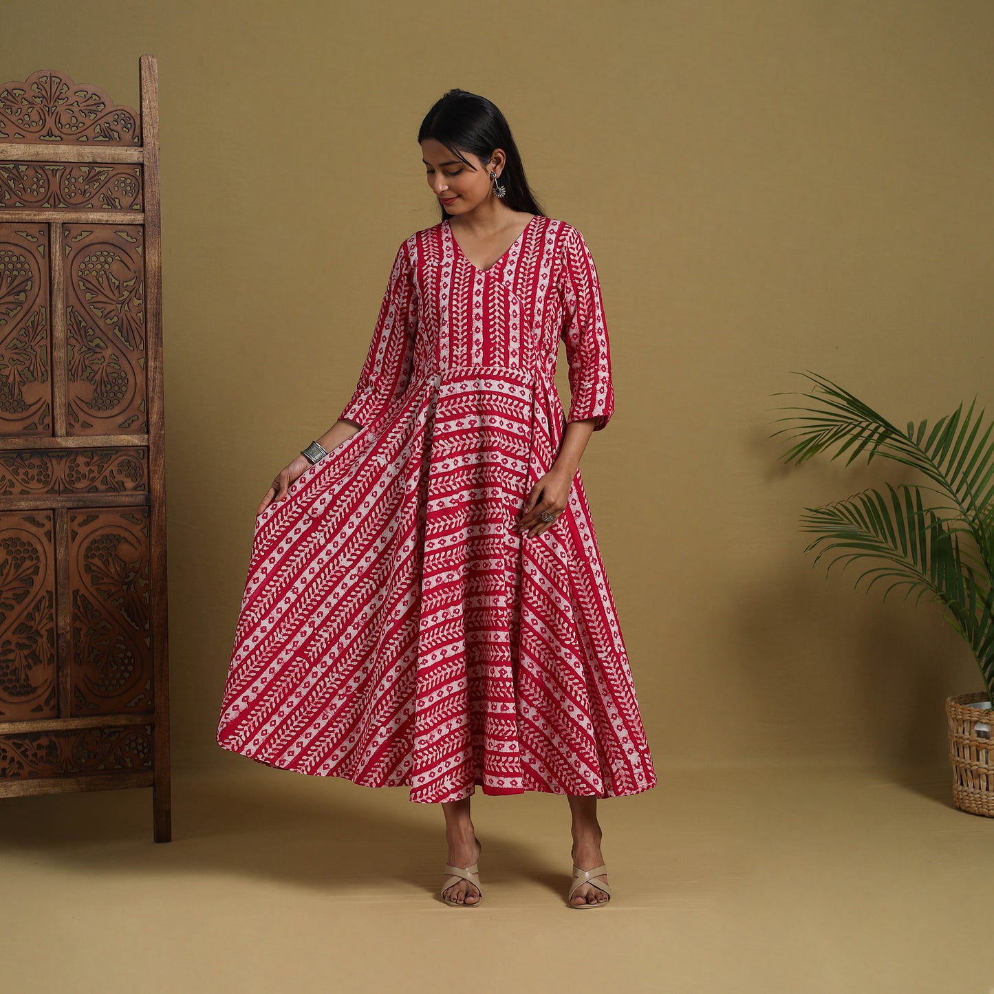 Buy Pink Flared Cotton Batik Print Dress Online 