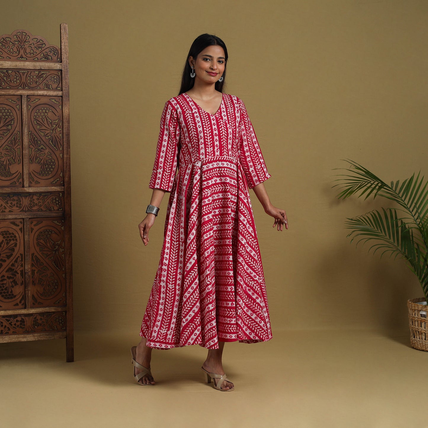 Buy Pink Flared Cotton Batik Print Dress Online 