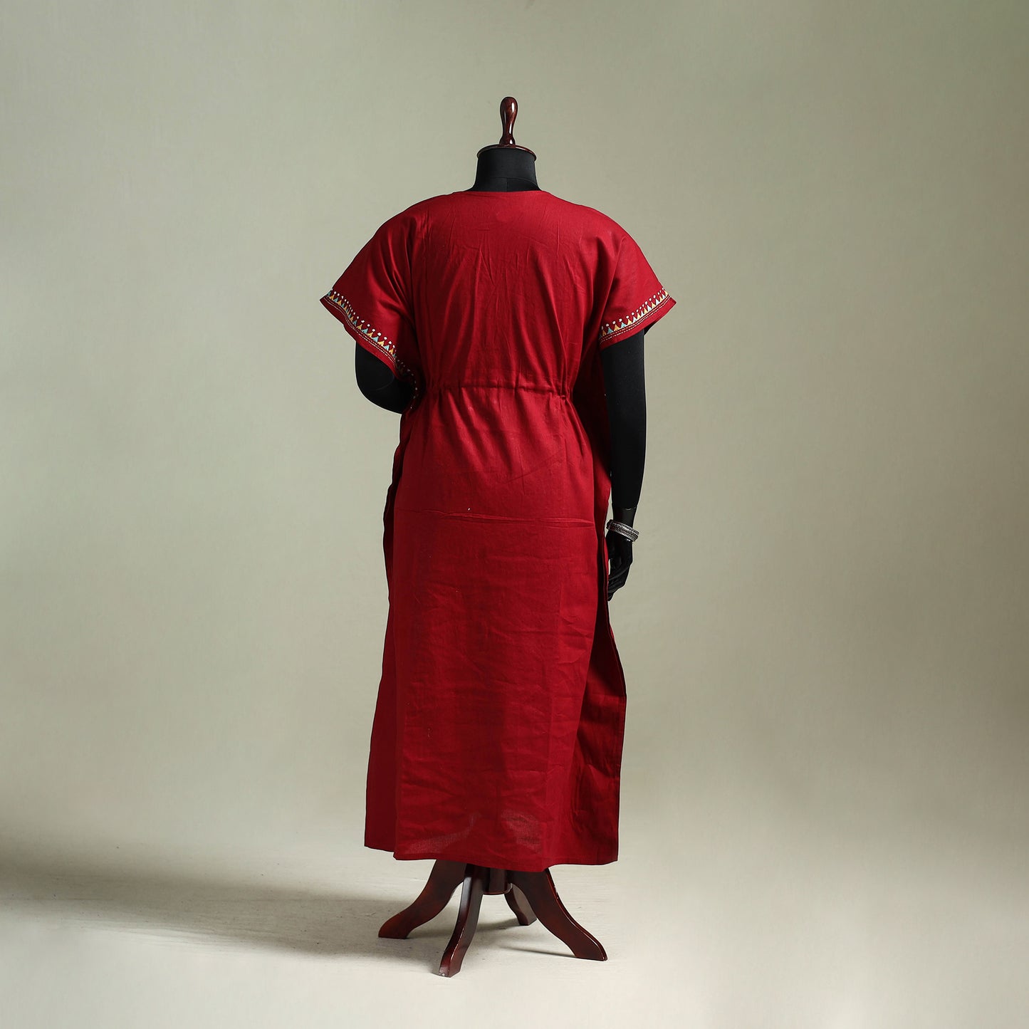 Red - Bengal Kantha Hand Embroidery Cotton Long Kaftan 45