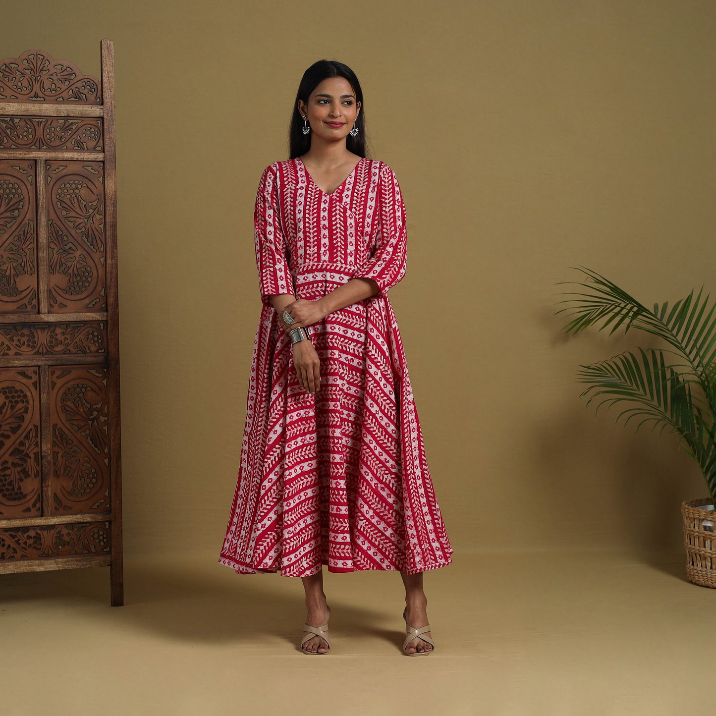 Buy Pink Flared Cotton Batik Print Dress Online 
