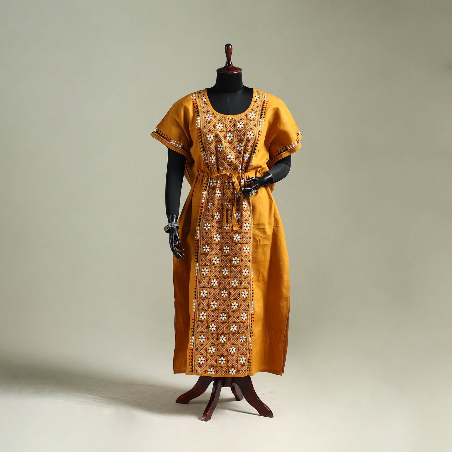 Yellow - Bengal Kantha Hand Embroidery Cotton Long Kaftan 46