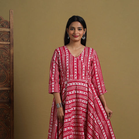 Buy Pink Flared Cotton Batik Print Dress Online 