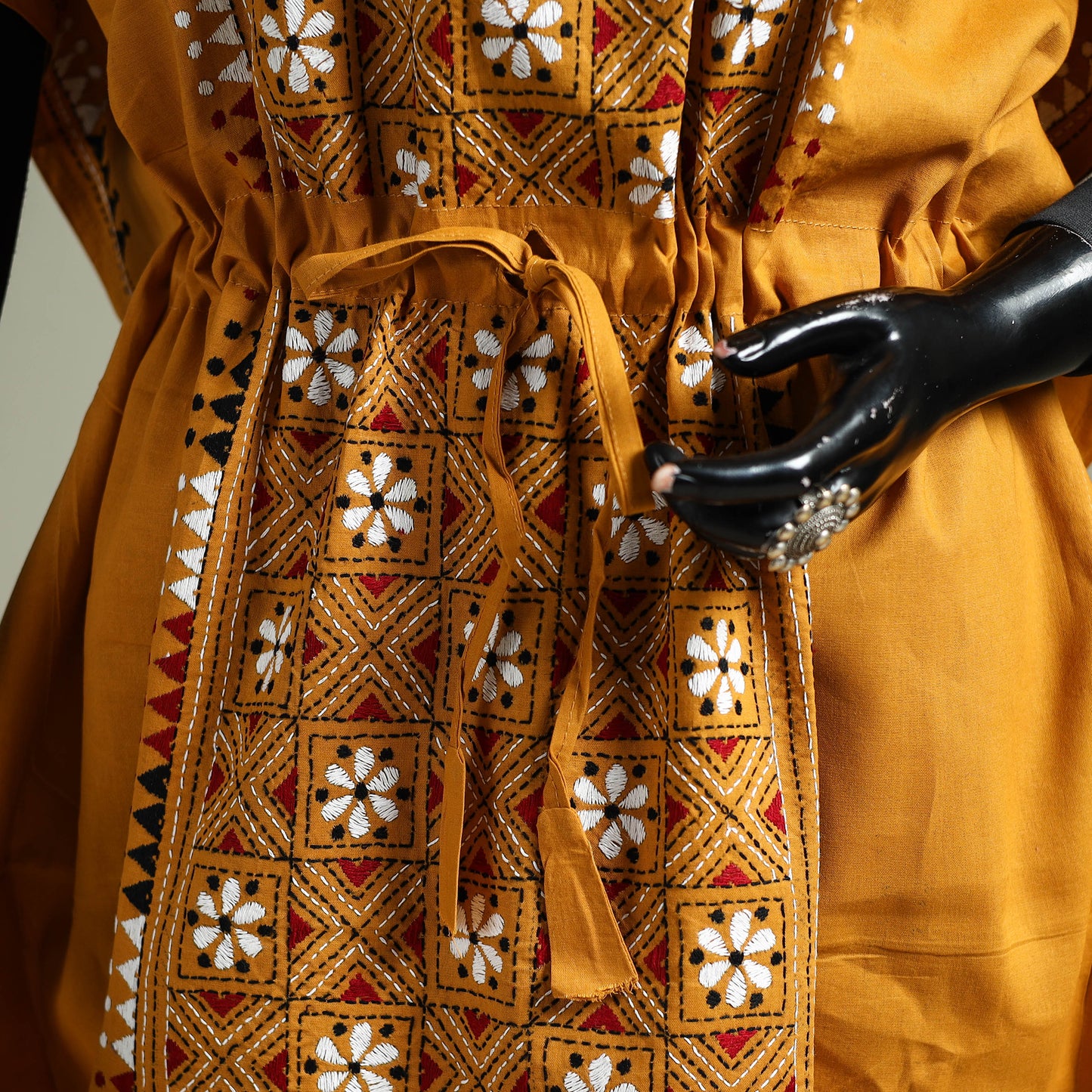Yellow - Bengal Kantha Hand Embroidery Cotton Long Kaftan 46