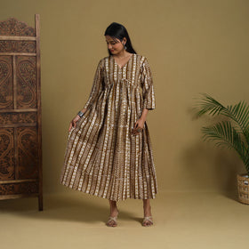 Buy Brown Flared Cotton Batik Print Dress Online 