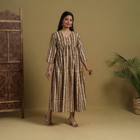 Buy Brown Flared Cotton Batik Print Dress Online 