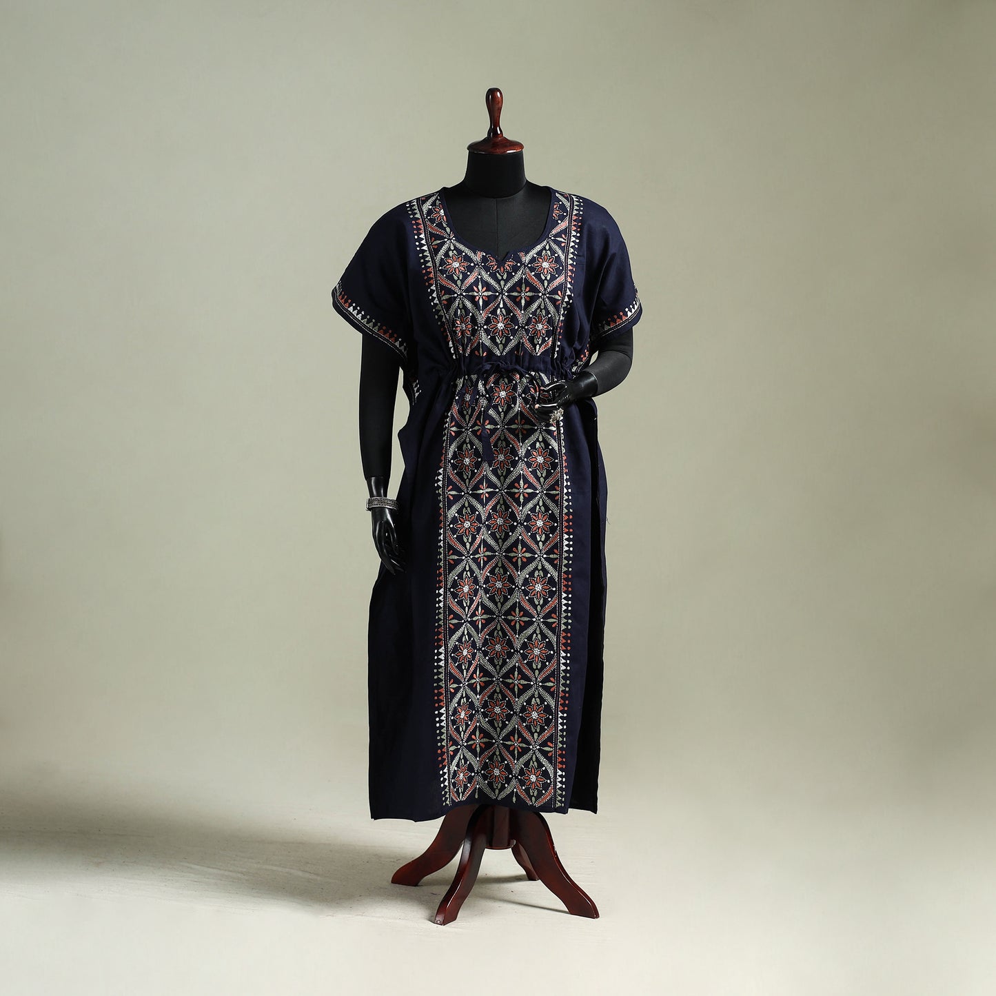 Blue - Bengal Kantha Hand Embroidery Cotton Long Kaftan 47