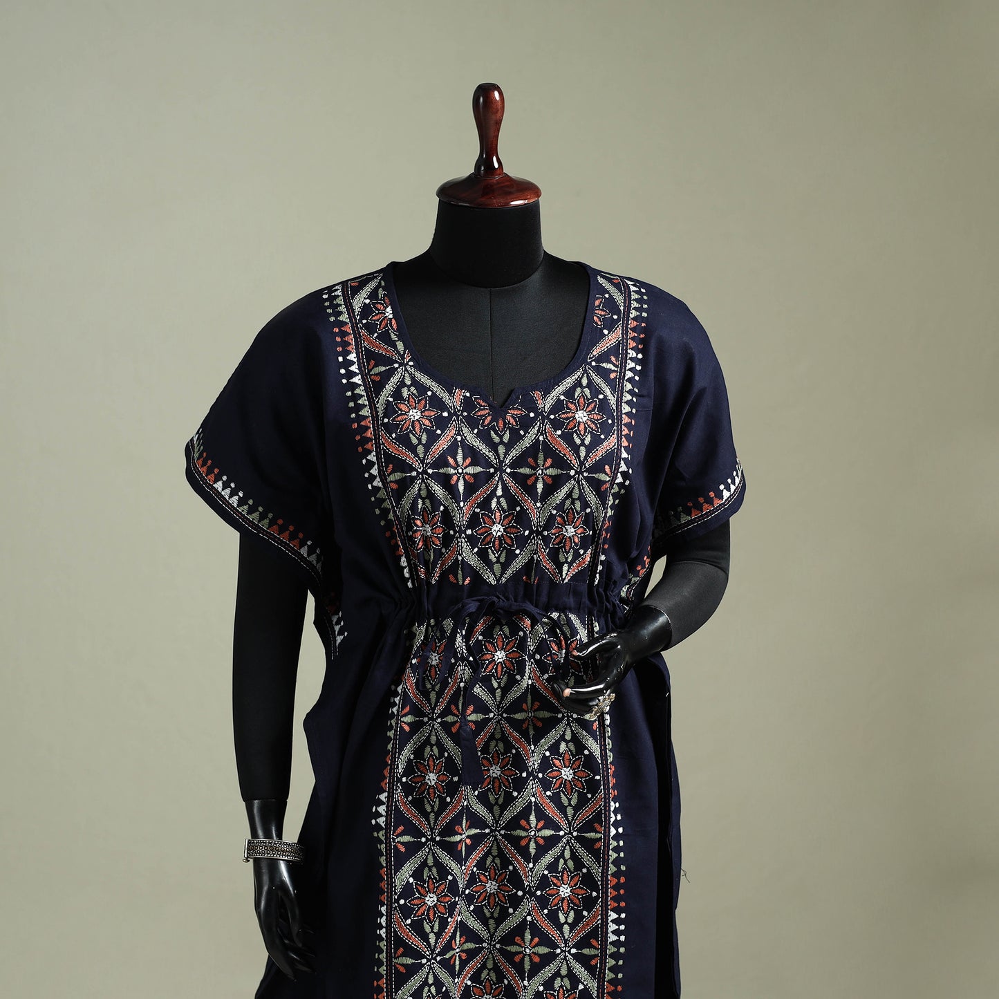 Blue - Bengal Kantha Hand Embroidery Cotton Long Kaftan 47