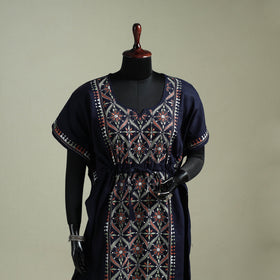 Blue - Bengal Kantha Hand Embroidery Cotton Long Kaftan 47