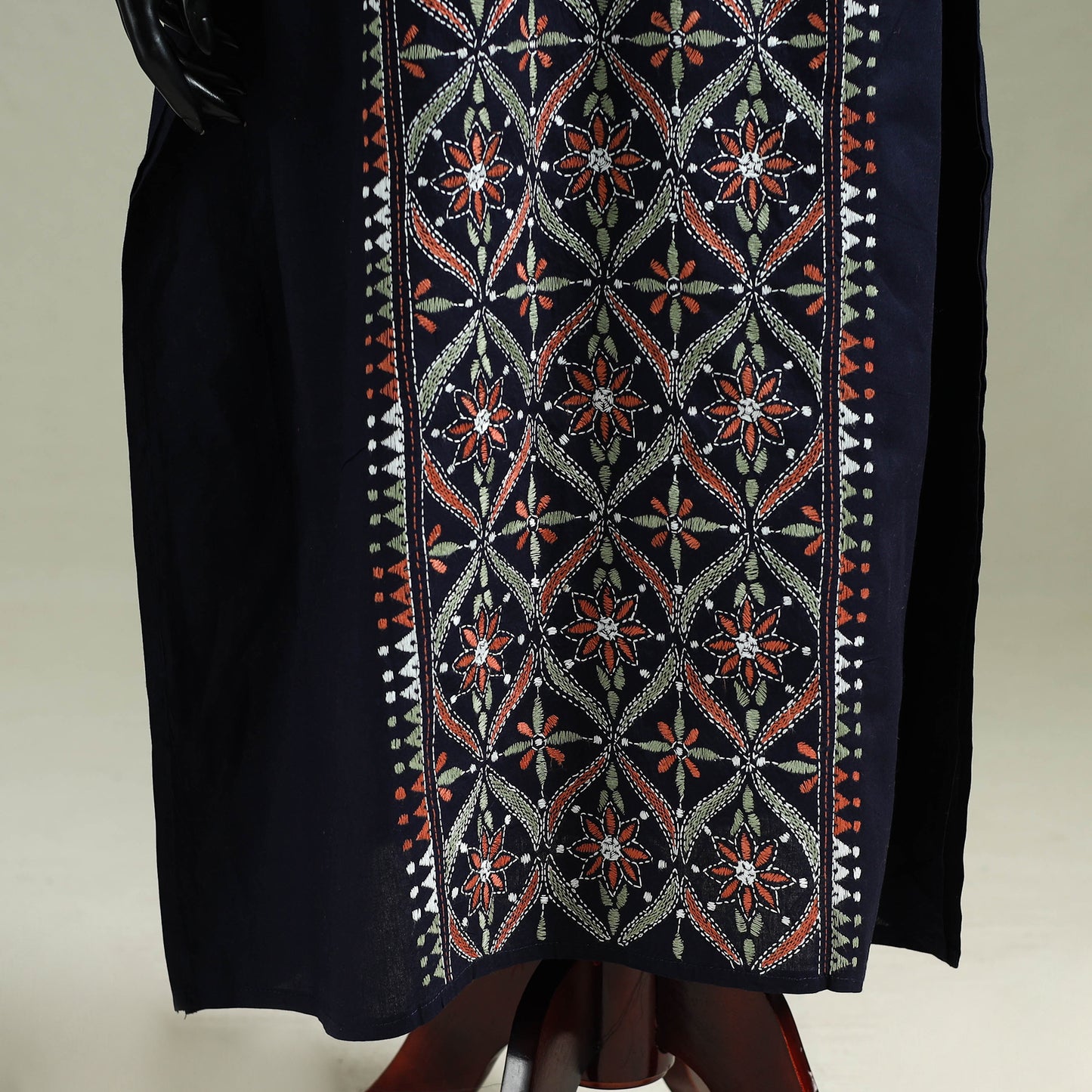 Blue - Bengal Kantha Hand Embroidery Cotton Long Kaftan 47