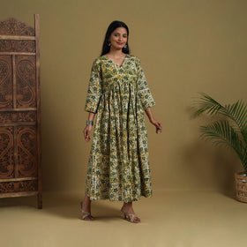  Green Flared Cotton Batik Print Dress 