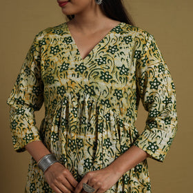  Green Flared Cotton Batik Print Dress 