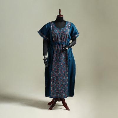 Blue - Bengal Kantha Hand Embroidery Cotton Long Kaftan 49