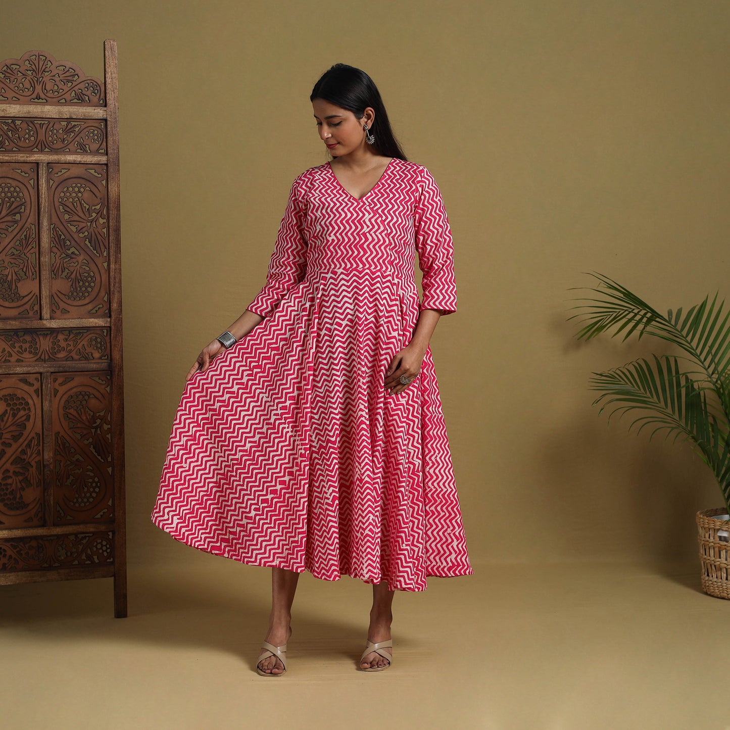 Buy Pink Flared Cotton Batik Print Dress Online 