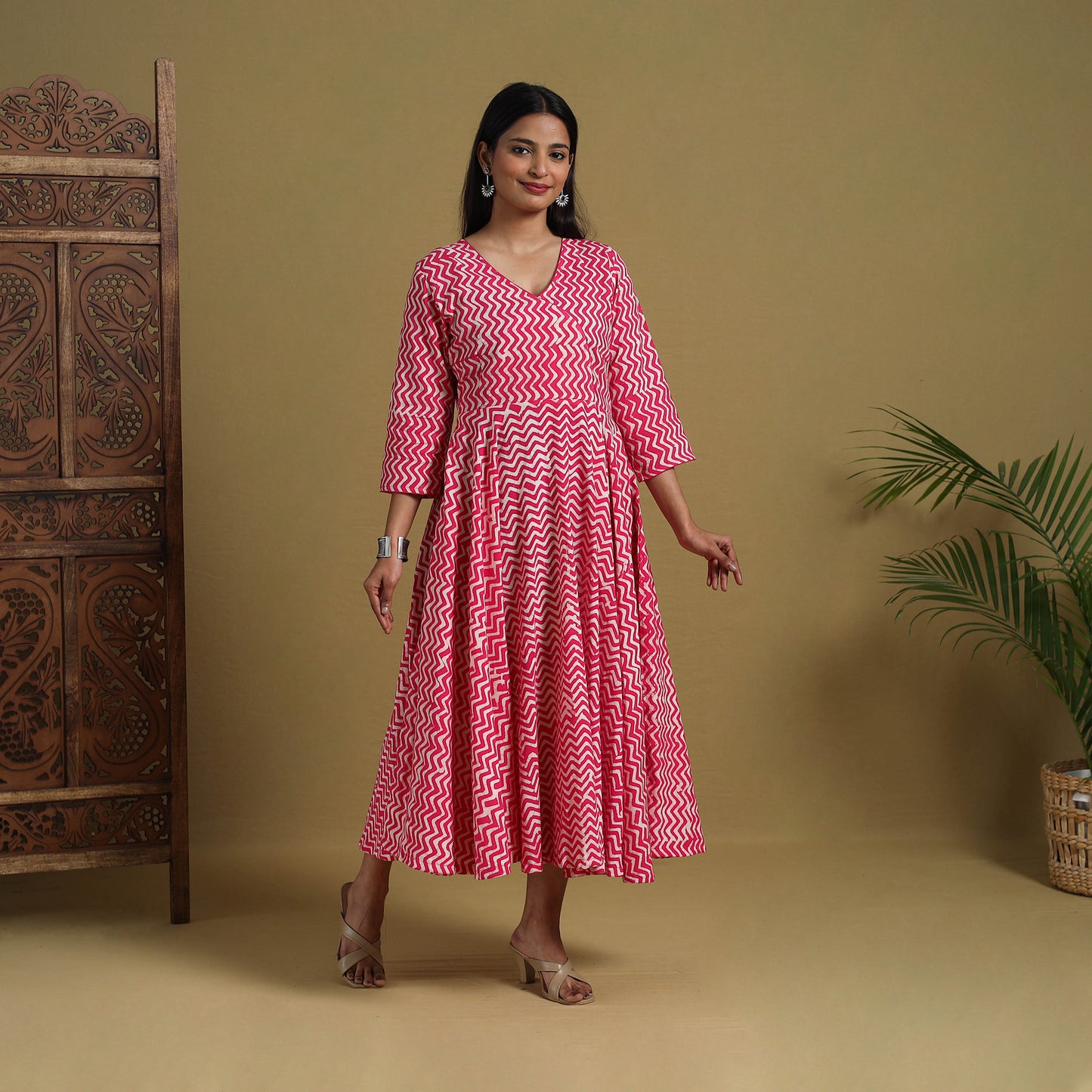 Buy Pink Flared Cotton Batik Print Dress Online 